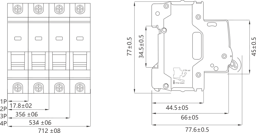 MCB CB7-63N Dimensions and Installation Sizes(mm)