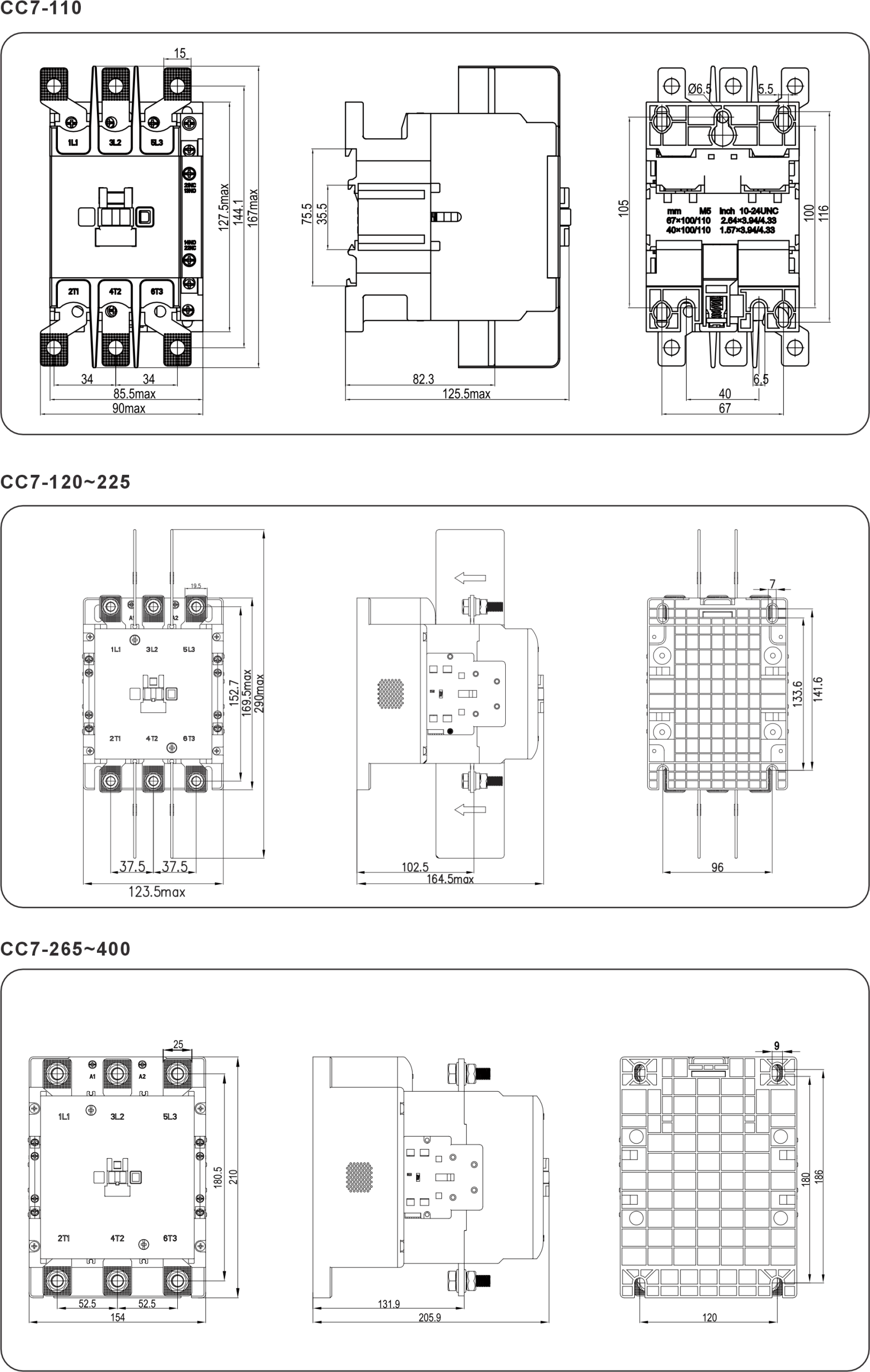Ac contactor CC7-110~400 Dimensions and Installation Sizes(mm)