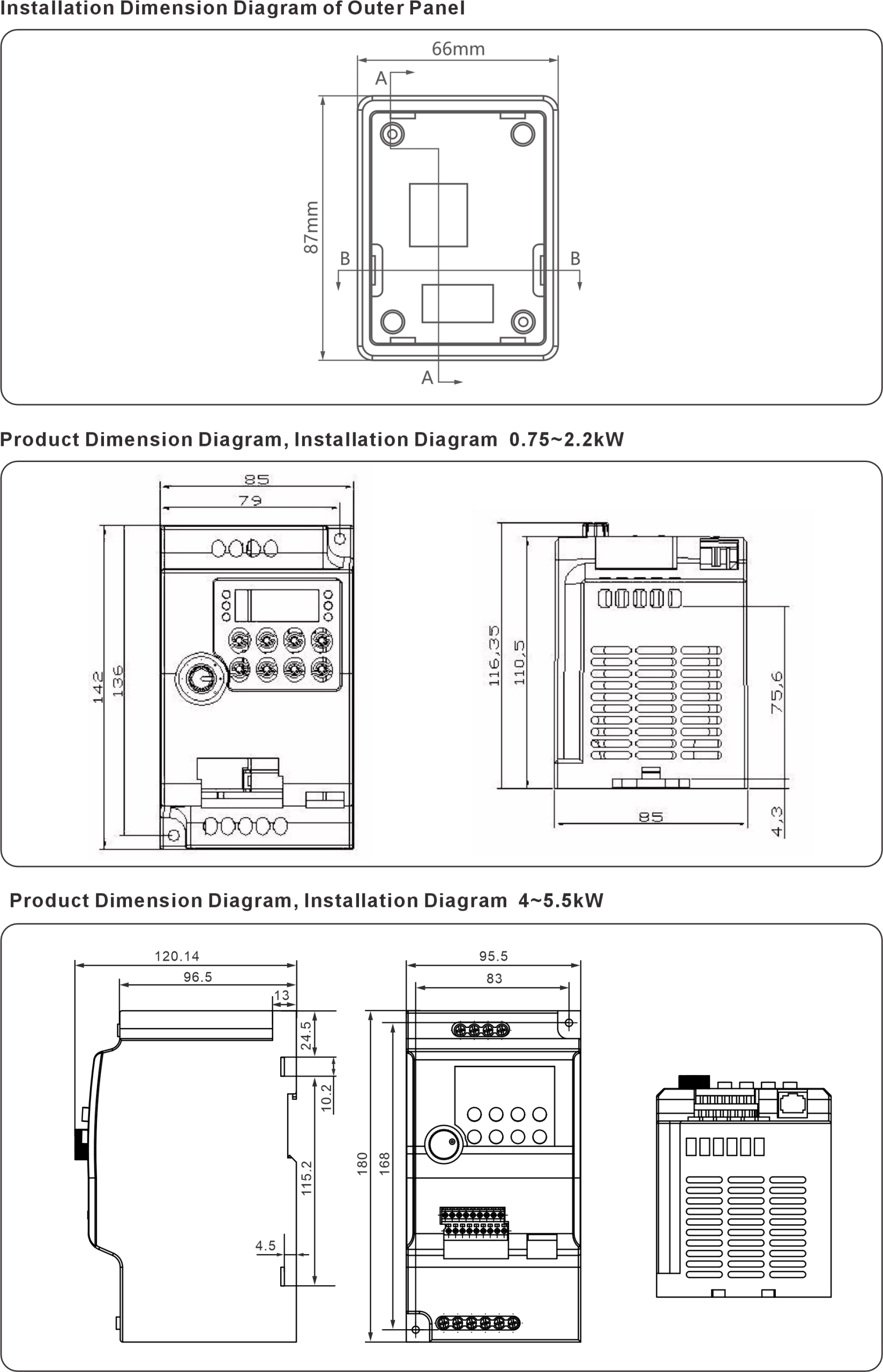 CVF7N VFD Dimensions and Installation Sizes(mm)
